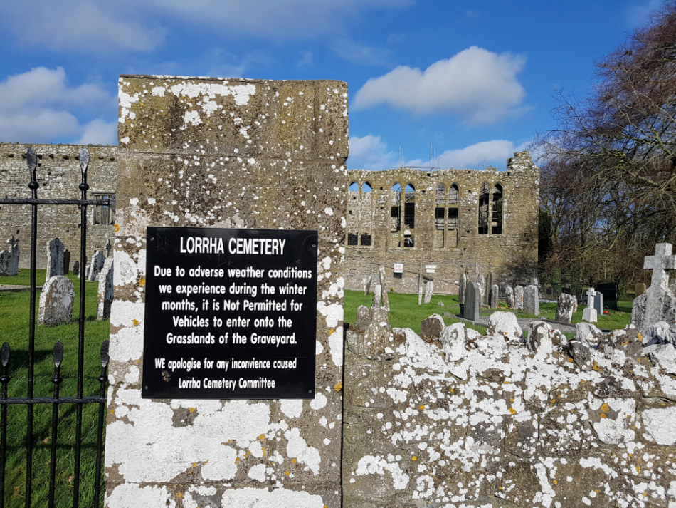 Beware of (weather) conditions sign at Larrha Cemetery in County Tipperary Ireland