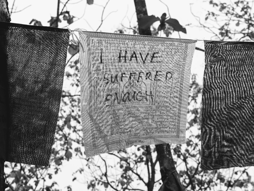 Image – ‘I have suffered enough’ - Prayer flags at the end of ‘From Hungry Ghost to Being Human’ retreat at New Life Foundation, Chiang Rai, Thailand - April 2017